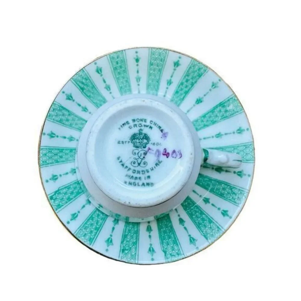Crown Staffordshire Fine Bone China Demitasse Cup &‎ Saucer Green Lace Pink Rose